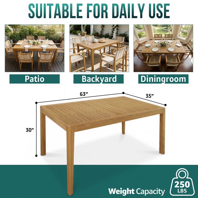  Classic 63"L Rectangular Outdoor Dining Table for Garden, Patio & Poolside, 6-Person - UV Resistant with Low Maintenance - Natural