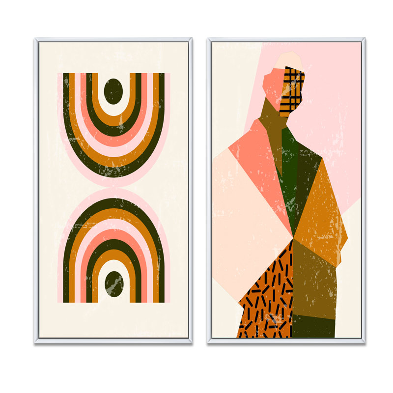 «Retro Woman Portrait Minimalistic I», ensemble de 2 impressions, H 32 po x l 32 po x P 1 po, Toile avec cadre blanc
