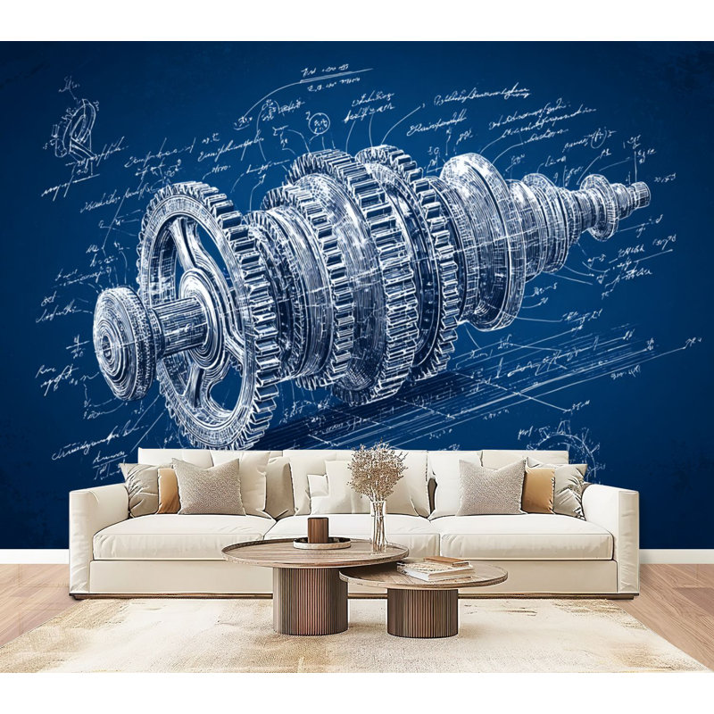 Papier peint adhésif auto-adhésif à peler et coller, engrenages à dessin mécanique complexes, saphir, décoration murale H 69 po x l 96 po