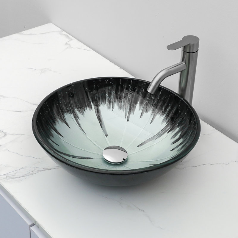 Lavabo de salle de bain vasque circulaire en verre 16,5 "avec bonde escamotable, Noir bleu