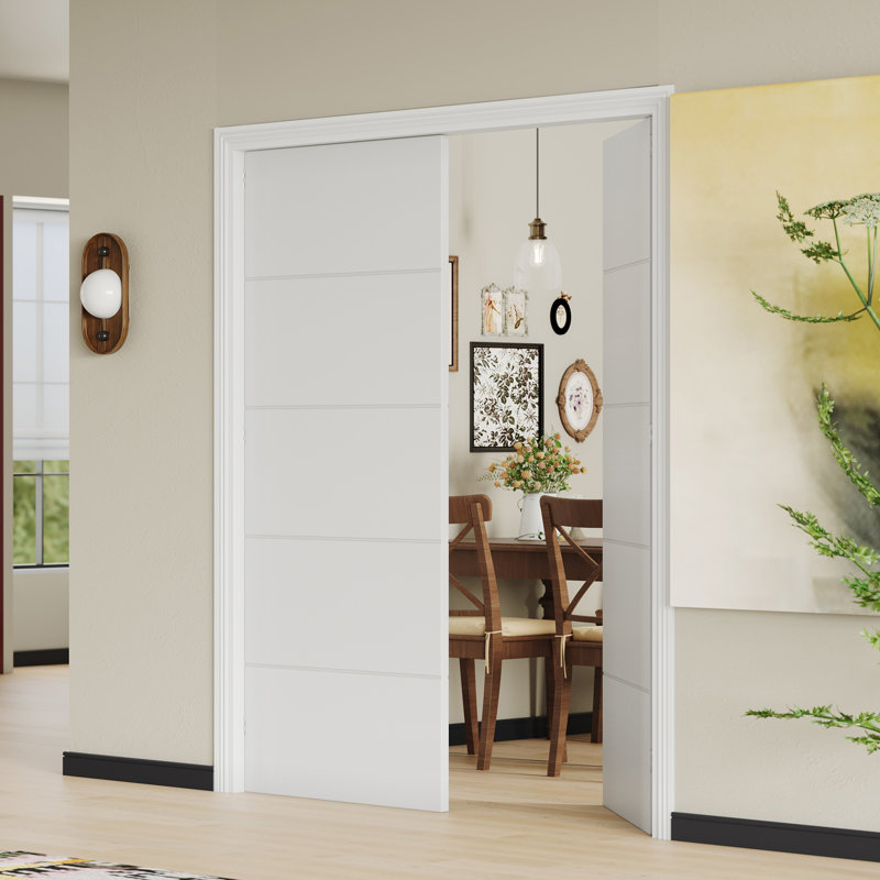 Porte de garde-manger intérieure double avec cadre - Ensemble de portes prémontées en MDF blanc à 5 panneaux avec quincaillerie, finition UV ultrabrillante pour placard