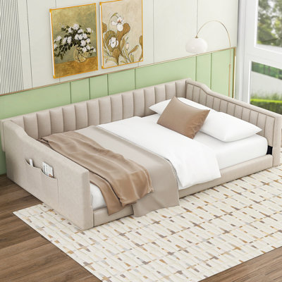 Full XL Size Upholstery Daybed And Side Storage Pocket,Beige