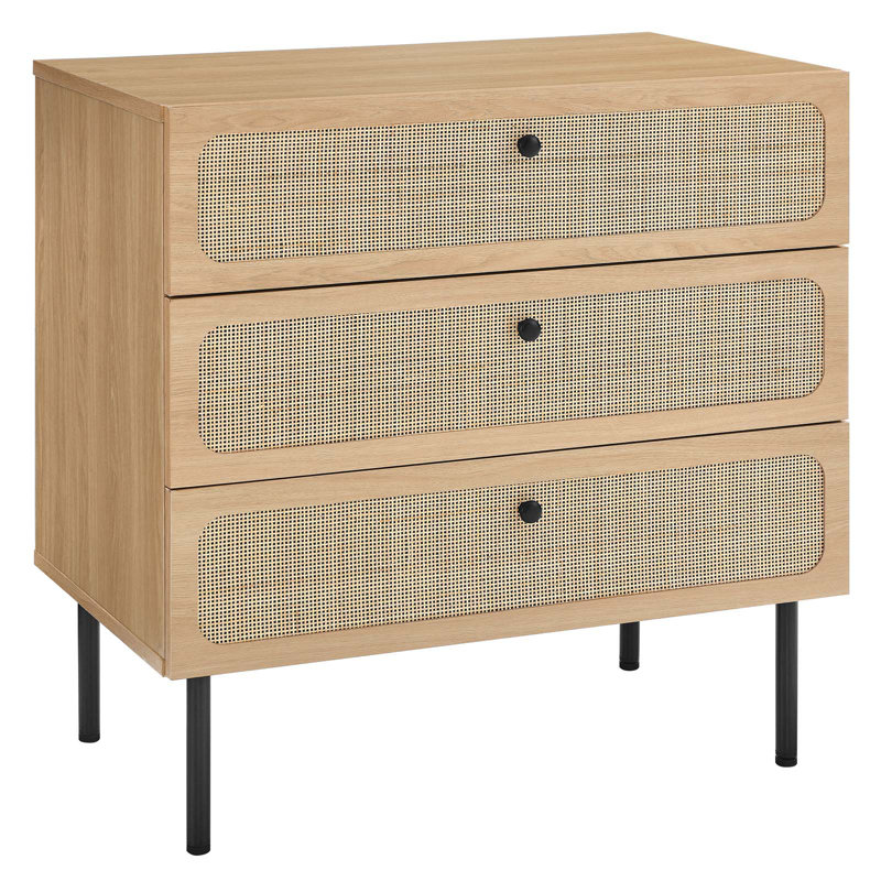 Oak and Black 3-Drawer Chest with Rattan Fronts