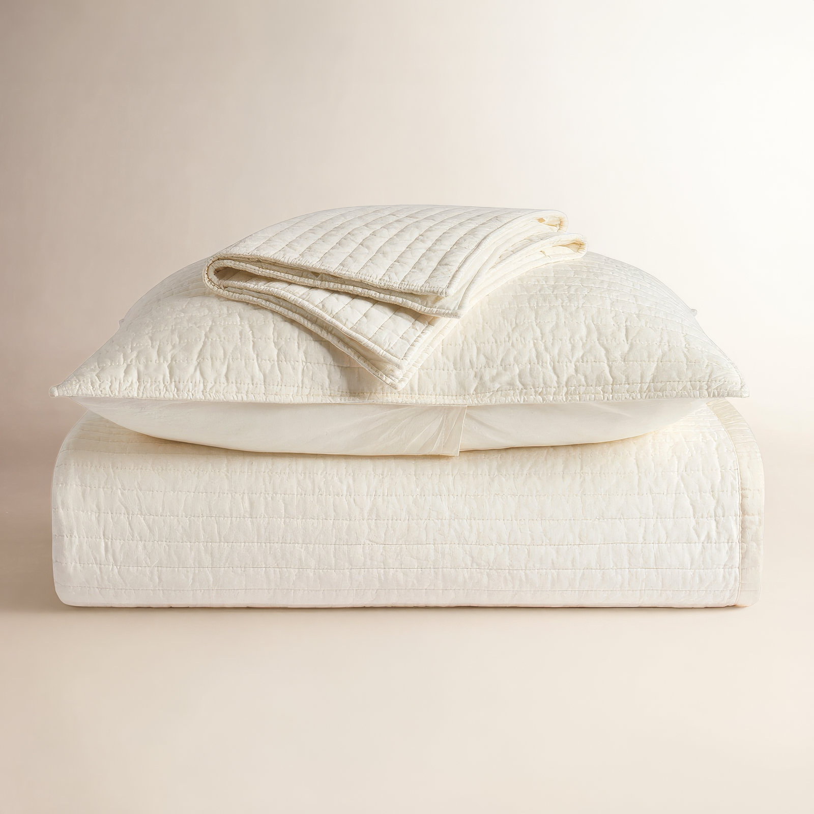Cotton Sateen Quilt Set, Ivory White, King Quilt + 2 King Shams
