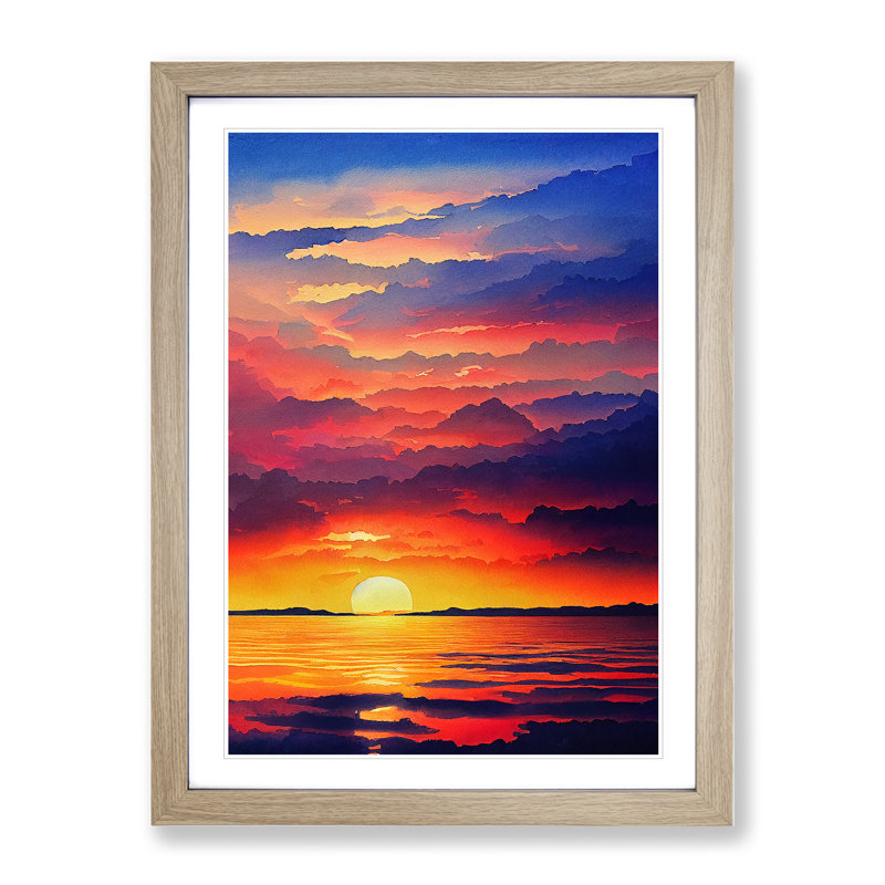 Inquisitive Ocean Sunset - Single Picture Frame Painting, 46cm H x 34cm W x 2cm D, Oak
