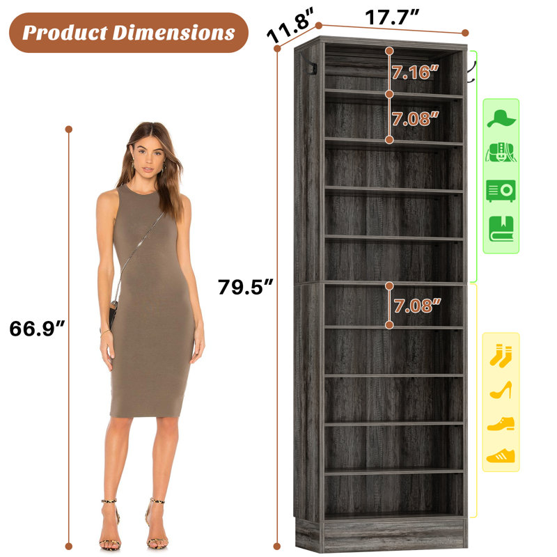 Armoire de rangement pour chaussures, étagère à chaussures étroite en bois 10 niveaux, Chêne noir