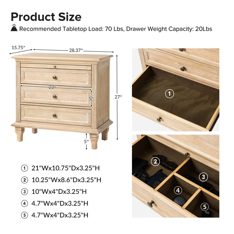 Arthelia Traditional 3-Drawers Nightstand with Built-in Charging Station and Pull-out Shelf