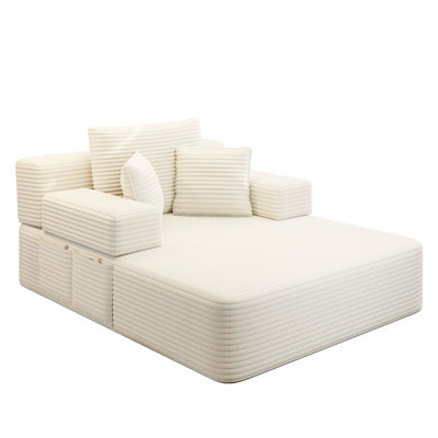 2-in-1 Convertible Chaise Lounge Sofa Bed, Plush Corduroy Upholstered With 3 Pillows, Frameless Compression Foam Sleeper Sofa With Side Storage Pocket, No-assembly For Small Space Living Room Apartment