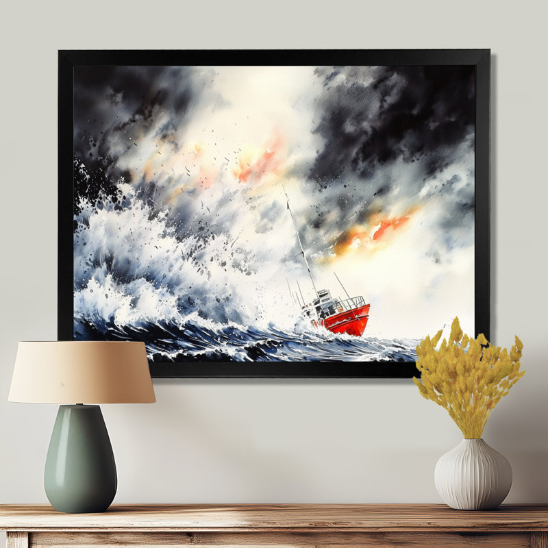 Bateau de pêche, temps orageux II, impression d'art mural, 12" H x 20" W, Picture Framed Print, Black
