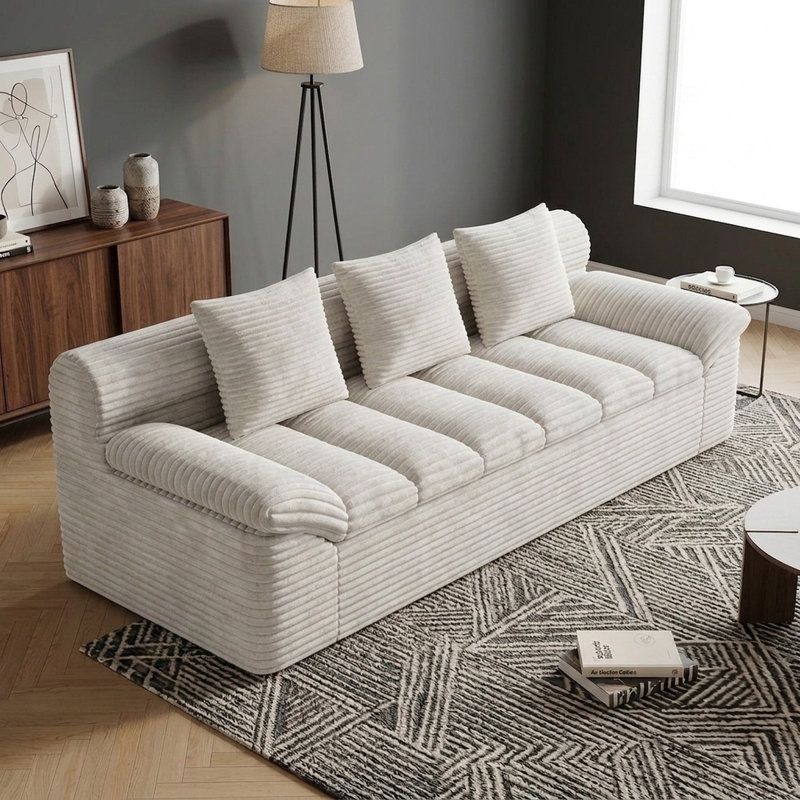 Canapé 2 places sans dossier avec assise profonde pour salon, canapé 3 places avec 3 coussins et poches latérales pour chambre, bureau, aucun assemblage requis, blanc