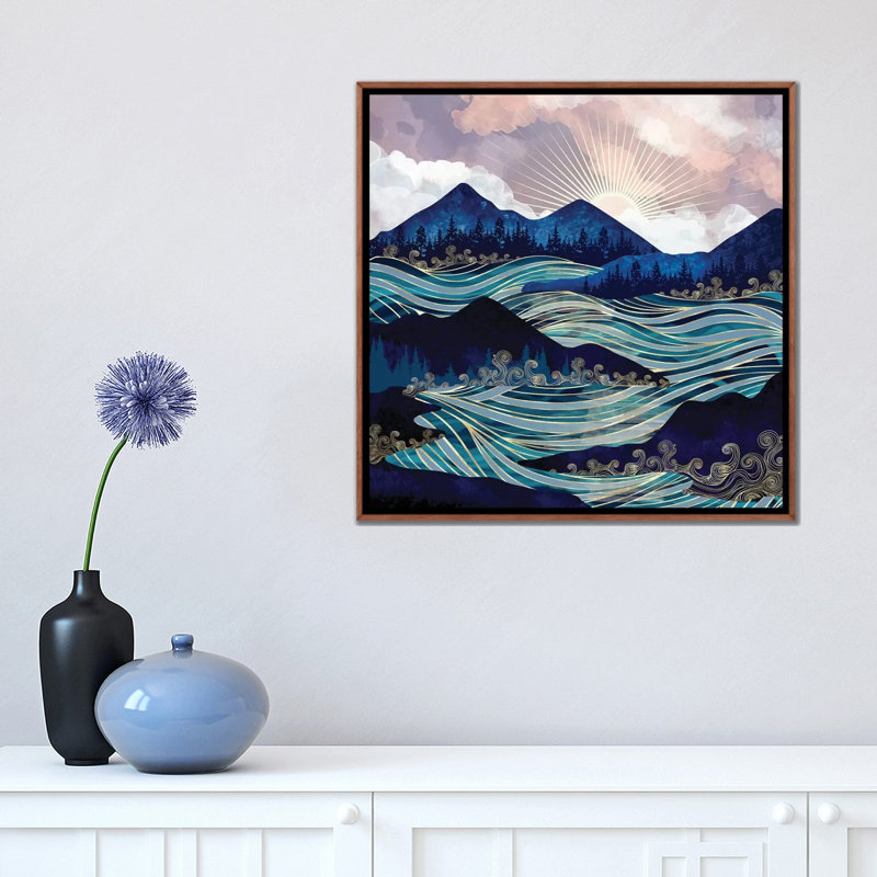 Ocean Sunrise - impression d'art graphique, H 18 po x l 18 po x 1,5 po, Aucun mat, Toile avec cadre en bois brun classique