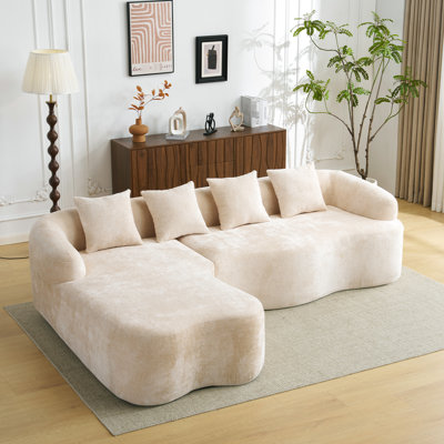 Beige modulaire en L avec méridienne incurvée pour le salon, pleine compression, mousse haute, 4 sièges, siège large confortable et profond, haut, coussins, conception élégante, housse respirante, réunions de famille idéales