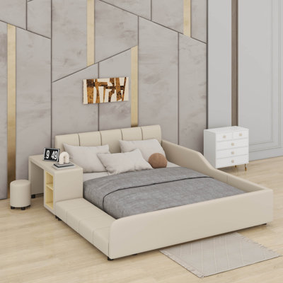 Lit tapissier pour lit mère et enfant avec bureau de chevet et petit tabouret rond, structure de lit plateforme en bois