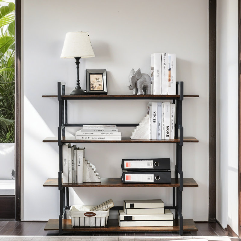 Bibliothèque de bureau à 4 niveaux Étagère en bois rustique en métal