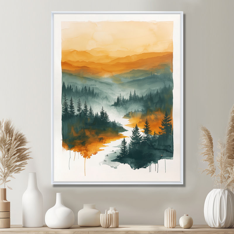 Décoration murale orange forêt verte sauvage au coucher du soleil I - forêt, Cadre flottant brun, H 32 po x l 24 po