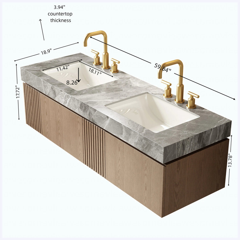 Meuble-lavabo suspendu double lavabo de 60 po, armoire de rangement avec 2 tiroirs et portes, comptoir en pierre frittée et 2 lavabos en céramique, aspect bois Heidelberg, préassemblé