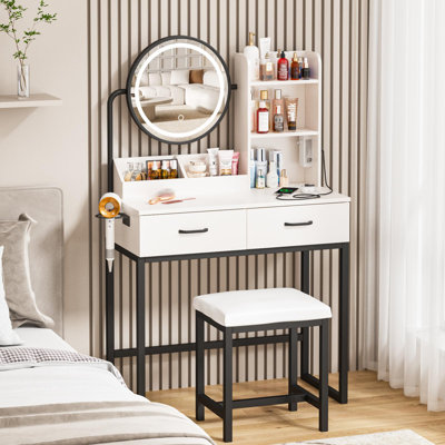 Ensemble de coiffeuse avec miroir, station de charge et support pour sèche-cheveux
