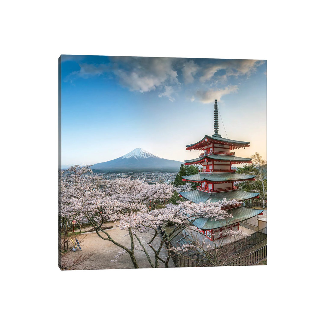 Chureito Pagoda And Mount Fuji During Cherry Blossom Season, Fujiyoshida, Japan by Jan Becke - Wrapped Canvas Print