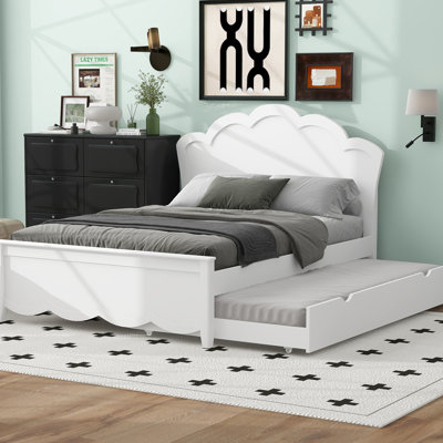 Lit plateforme double en bois blanc pleine grandeur avec tête de lit et lit gigogne simple