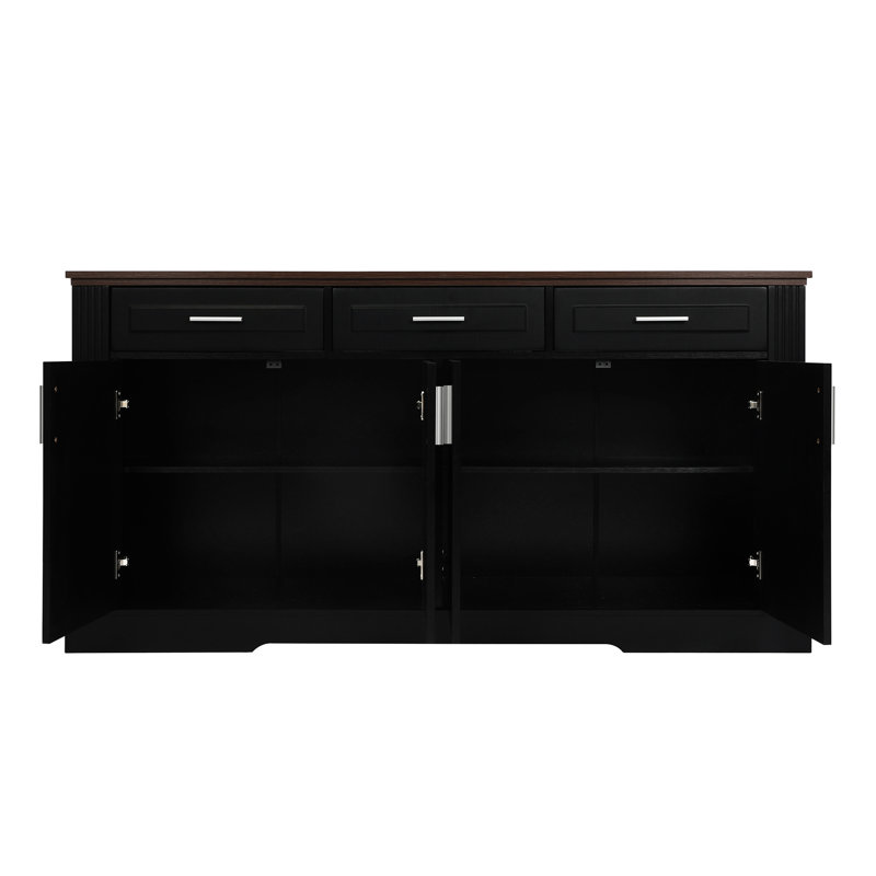 Station de café cannelée de 63 po, buffet noir avec beaucoup de rangement, 4 portes et 3 tiroirs, glissières de tiroir lisses, charnière de haute qualité en noir, conception à deux tons, tablettes réglables,