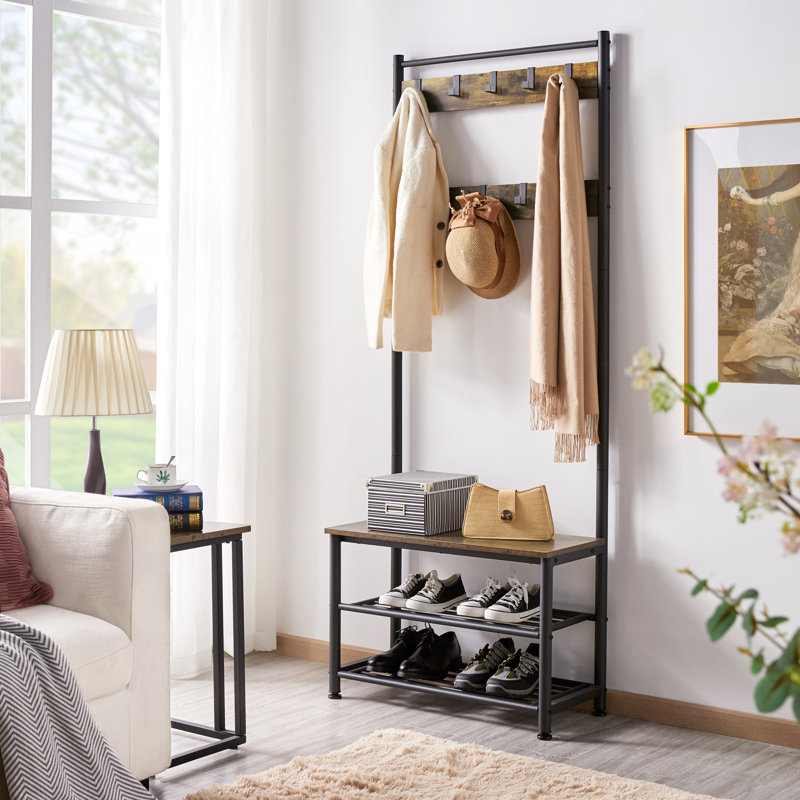 Arbre d'entrée Kinston Steel avec banc et rangement pour chaussures, Brun rustique