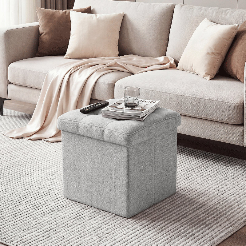 15" Folding Storage Ottoman, Upholstered Tufted Foldable Footstool With Padded Seat For Living Room Bedroom, Gray