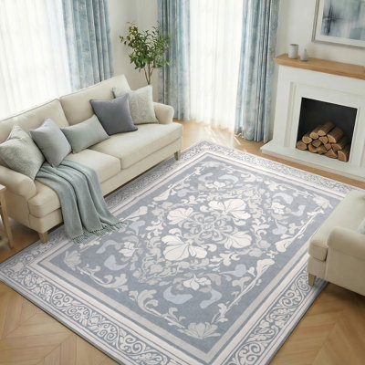 Floral Faux Wool Area Rug , Soft Non-Slip Carpet for Living Room or Bedroom,Greige
