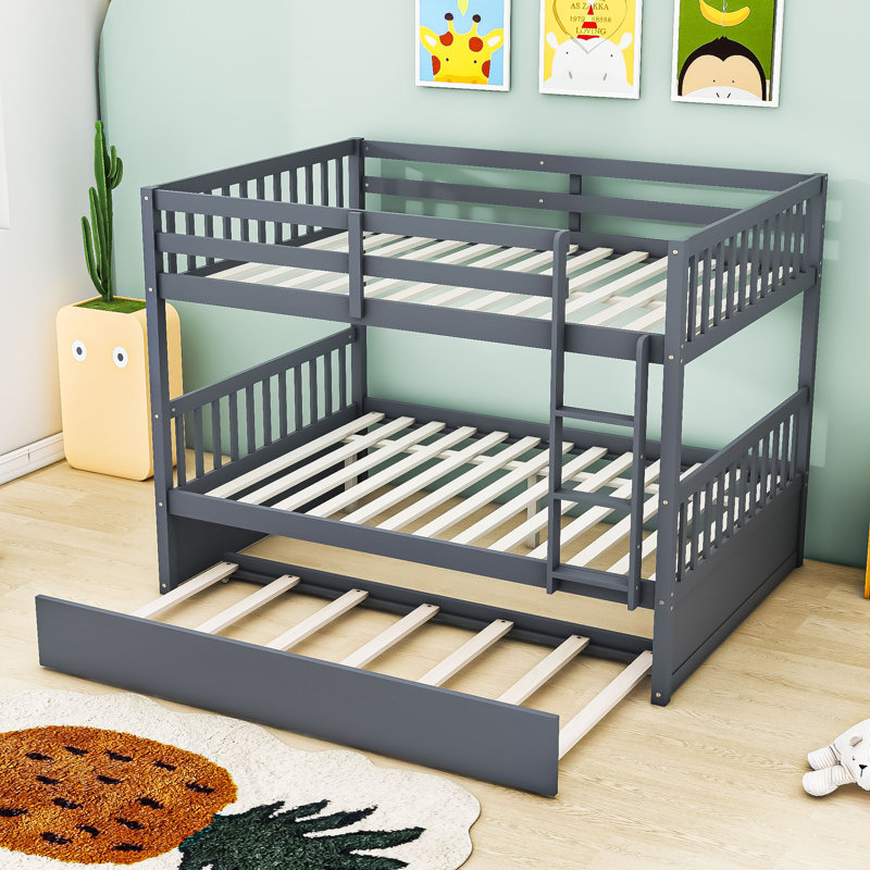 Full Over Full Bunk Bed With Built-In Ladder, Guardrails And Twin Trundle, Dark Gray