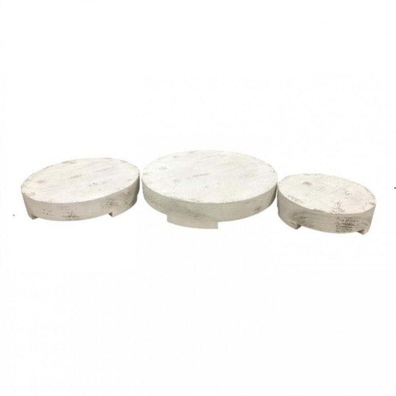 Ensemble de 3 supports à plantes ronds en bois, Blanc rétro