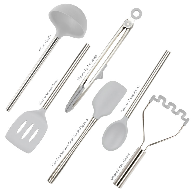 Oyster Gray Silicone and Stainless Steel 6-Piece Kitchen Utensil Set