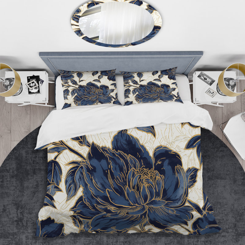 Ensemble de housse de couette en microfibre / polyester Blue Gold, Housse de couette simple + 1 taie décorative stan