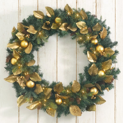 Lighted Artificial Christmas Wreath, w/ LED Lights, Magnolia and Eucalyptus, Multiple Sizes