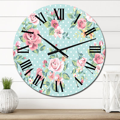 Vintage Pink Roses On Dotted Light Blue - Patterned wall clock