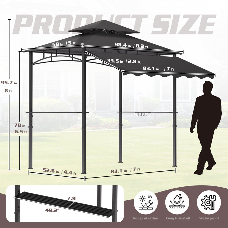 8'X8' Grill Gazebo Canopy - Heavy Duty Steel Frame, Double Tiered Grill Canopy for Outdoor Grill W/Shelves, Ceiling Hooks and Ground Stakes
