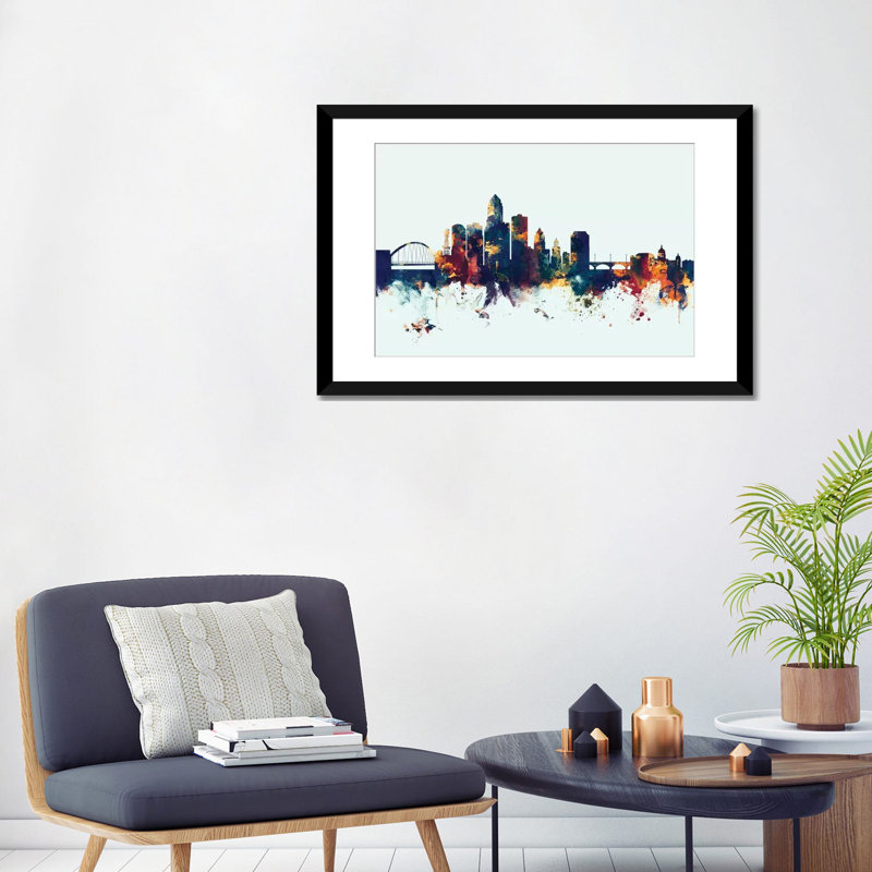 «Des Moines, Iowa, USA on Blue» par Michael Tompsett - reproduction d'art sur toile, Papier d'art encadré noir, Blanc