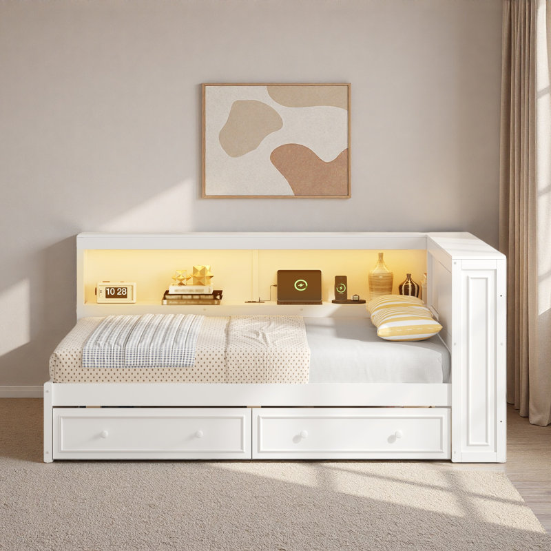 Lit de jour multiple avec tablettes de rangement, USB, DEL et 2 tiroirs, Blanc