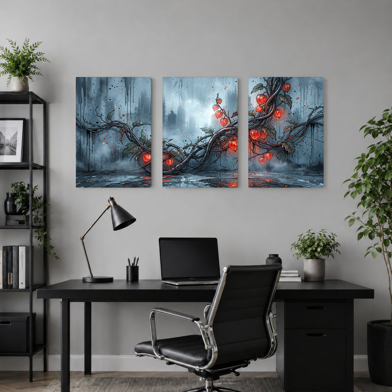 Ensemble de 3 toiles de lanternes chinoises rouges dans un paysage urbain dystopien, H 30 po x l 20 po x 3 pièces