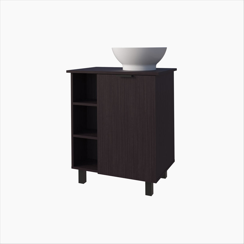 Meuble-lavabo de salle de bain avec 1 porte et 8 tablettes de rangement, Wengé
