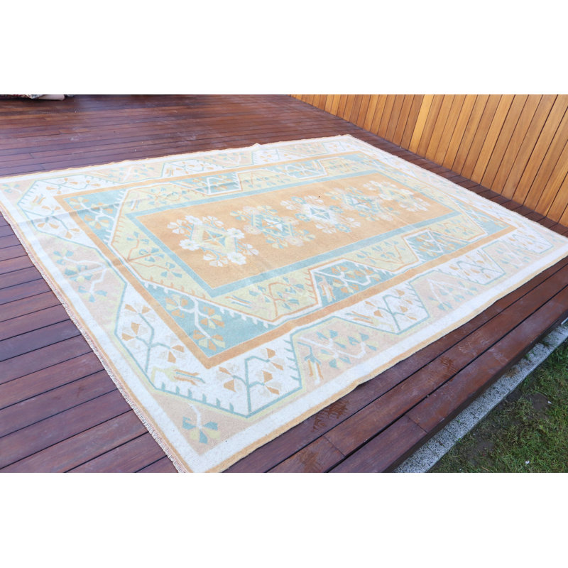 Grand tapis Oushak turc vintage fait à la main dans des tons pastel pour le salon et la décoration bohémienne