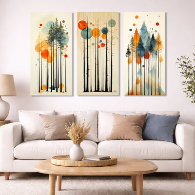 «Summer Valley Pine Forest Silhouettes - Orange Pine Trees», reproduction sur toile encadrée 3 pièces