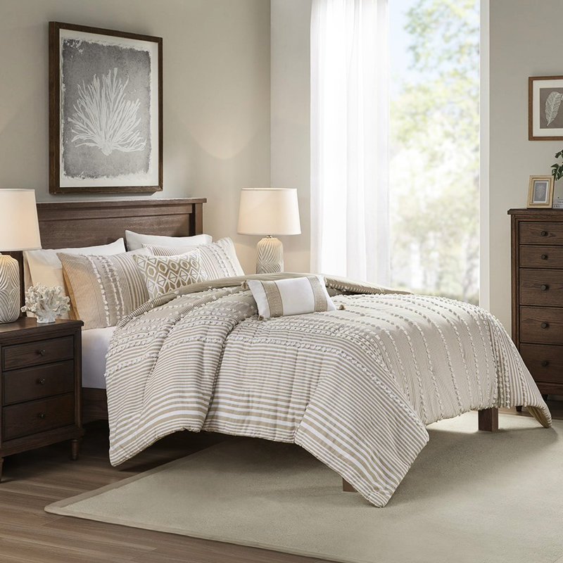 Housse de couette très grand teint en coton à 100% avec rayures de différentes largeurs en chenille taupe et blanche