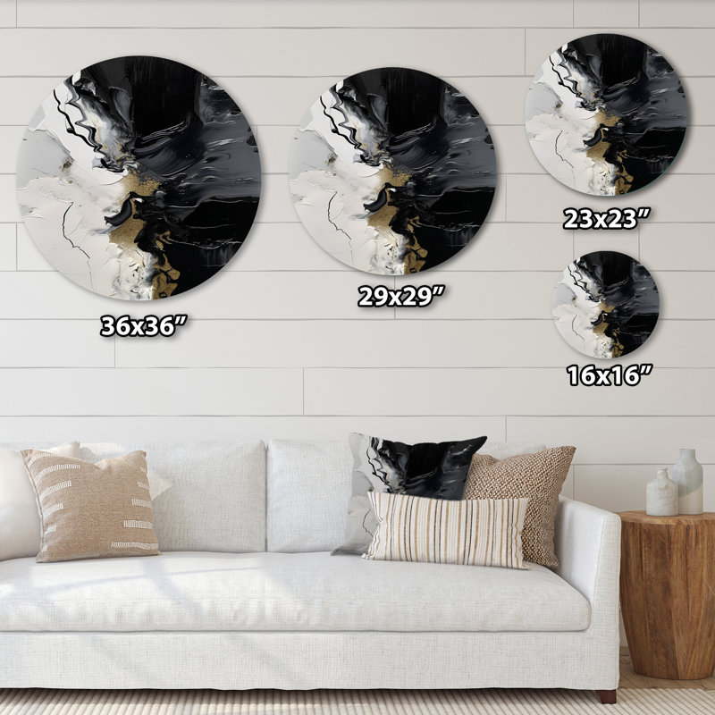 «Black Textured Splash Paint Art I», art abstrait mural rond en métal, H 16 po x l 16 po x P 1 po