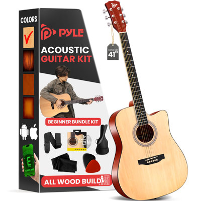 Pyle Steel String Acoustic Guitar Kit, 4/4 Full Size Cutaway All-Wood Guitarra Acustica With Premium Accessory Set And Upgraded Gig Bag, 41" Natural G