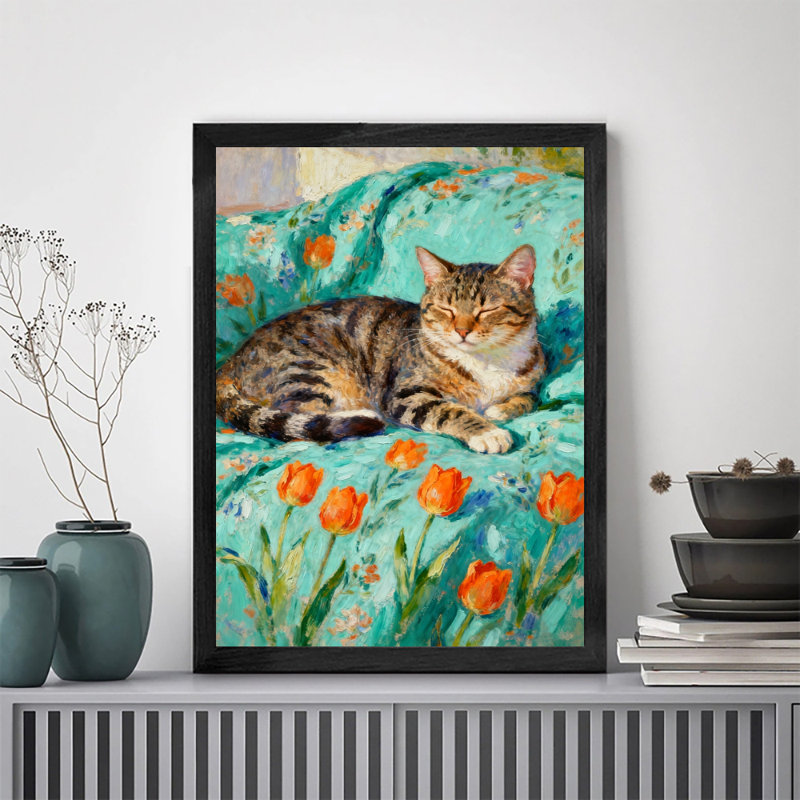 Art mural rétro noir encadré de chat, H 11 po x l 9 po