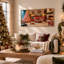Arbre rose et cheminée dans un salon rétro, art mural sur toile de Noël-465977247