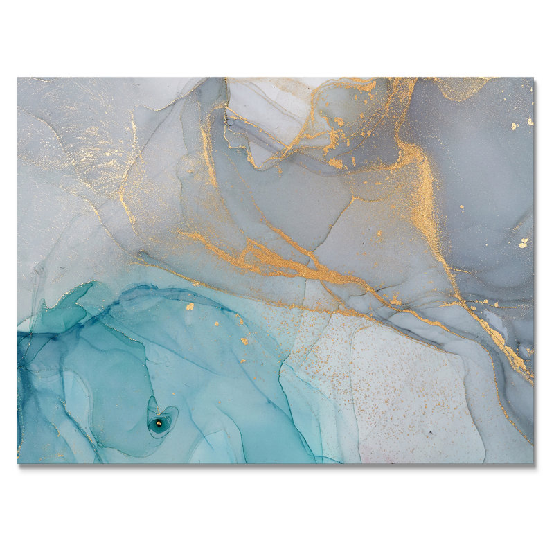 Encre liquide turquoise et bleue - Peinture sur toile, H 34 po x l 44 po, Toile tendue, Sans cadre