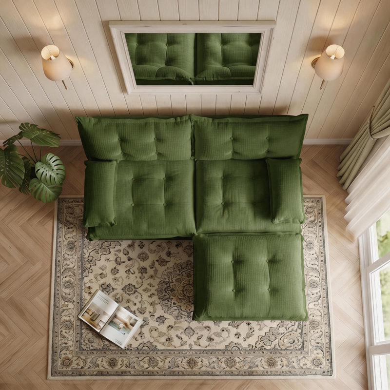 Canapé modulaire en L 77 po avec repose-pieds et siège profond L 77 po, Green Chenille, 35.4" H x 77" W x 33.8" D