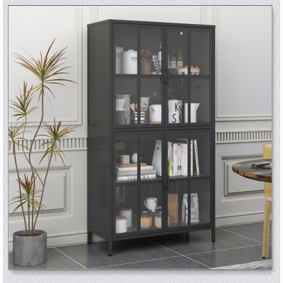 Premium Black Metal Storage Cabinet with Tempered Glass Doors, Adjustable Shelves