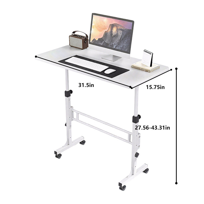 Mobile Small Standing Desk, Adjustable Height Rolling Desk For Home Office, Portable Sit Stand Computer Table With Lockable Wheels, Small Table For Bedroom, 31.5” X 15.75”, White