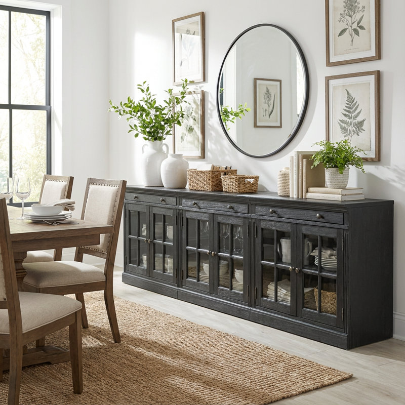 Buffet en bois massif avec console télé et bois de pin, Noir, noir, noir, noir